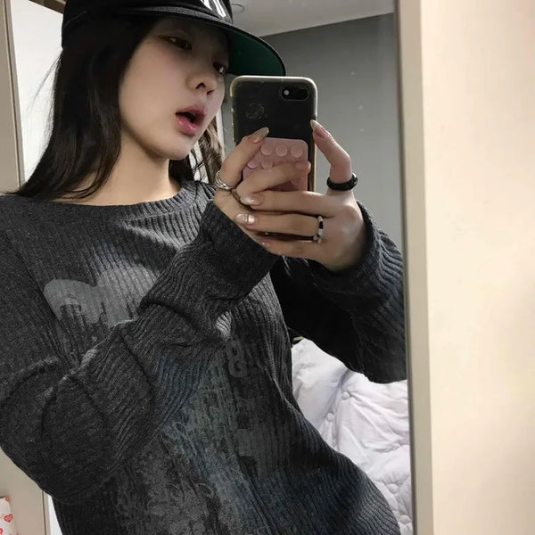 Street Print Oversized Round Neck Knit