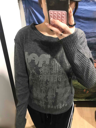 Street Print Oversized Round Neck Knit