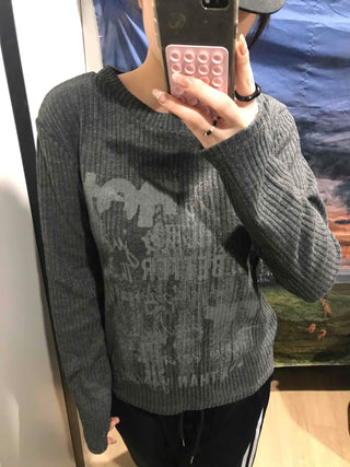 Street Print Oversized Round Neck Knit