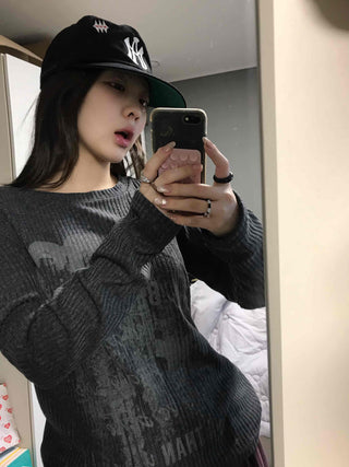 Street Print Oversized Round Neck Knit