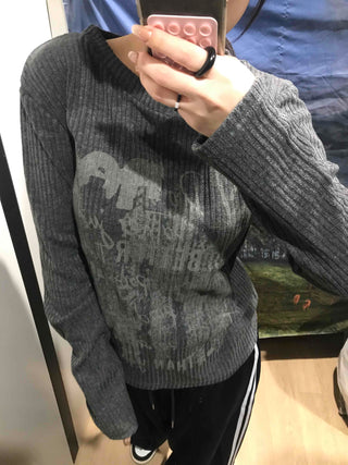 Street Print Oversized Round Neck Knit