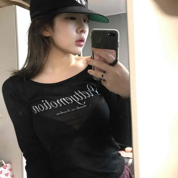 Lettering Square Neck Loose Fit Long Sleeve T-shirt