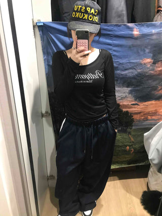 Lettering Square Neck Loose Fit Long Sleeve T-shirt