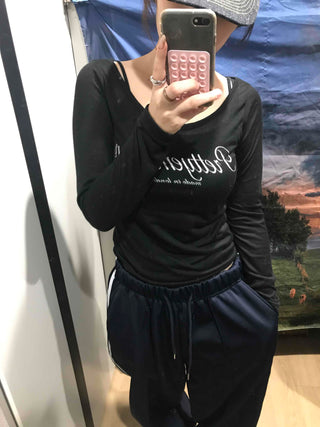 Lettering Square Neck Loose Fit Long Sleeve T-shirt