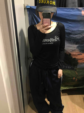 Lettering Square Neck Loose Fit Long Sleeve T-shirt