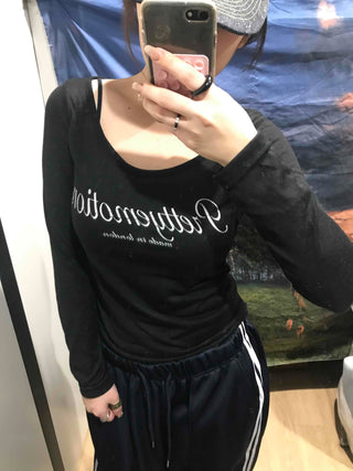 Lettering Square Neck Loose Fit Long Sleeve T-shirt
