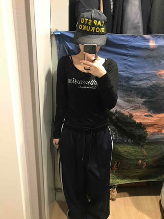 Lettering Square Neck Loose Fit Long Sleeve T-shirt