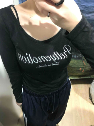 Lettering Square Neck Loose Fit Long Sleeve T-shirt