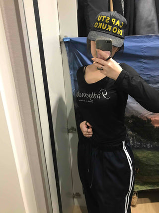Lettering Square Neck Loose Fit Long Sleeve T-shirt