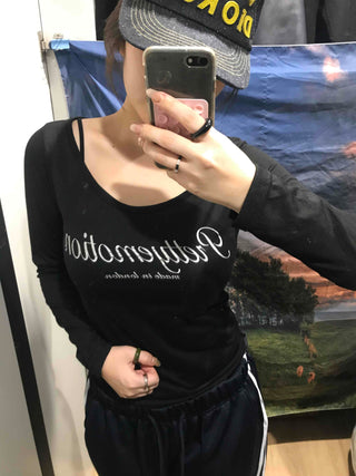 Lettering Square Neck Loose Fit Long Sleeve T-shirt