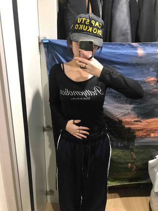Lettering Square Neck Loose Fit Long Sleeve T-shirt