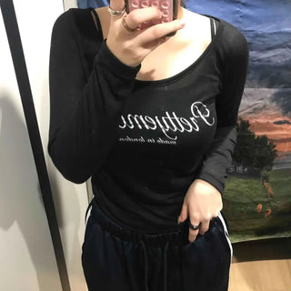 Lettering Square Neck Loose Fit Long Sleeve T-shirt