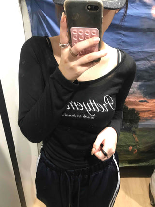 Lettering Square Neck Loose Fit Long Sleeve T-shirt