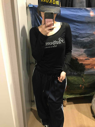 Lettering Square Neck Loose Fit Long Sleeve T-shirt