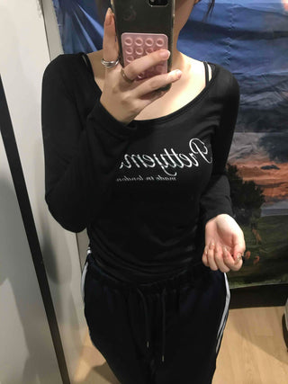 Lettering Square Neck Loose Fit Long Sleeve T-shirt
