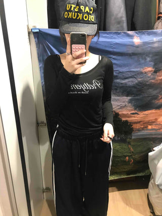 Lettering Square Neck Loose Fit Long Sleeve T-shirt