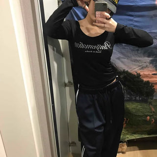 Lettering Square Neck Loose Fit Long Sleeve T-shirt