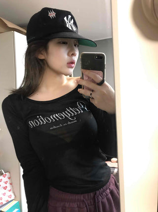 Lettering Square Neck Loose Fit Long Sleeve T-shirt