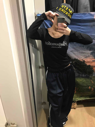 Lettering Square Neck Loose Fit Long Sleeve T-shirt