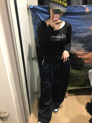 Lettering Square Neck Loose Fit Long Sleeve T-shirt