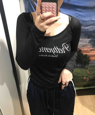 Lettering Square Neck Loose Fit Long Sleeve T-shirt