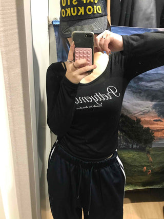 Lettering Square Neck Loose Fit Long Sleeve T-shirt