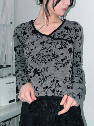 Oriental Floral Wrap Crop Long Sleeve T-shirt