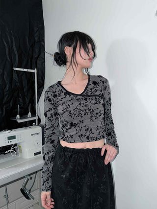 Oriental Floral Wrap Crop Long Sleeve T-shirt