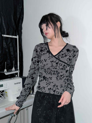 Oriental Floral Wrap Crop Long Sleeve T-shirt