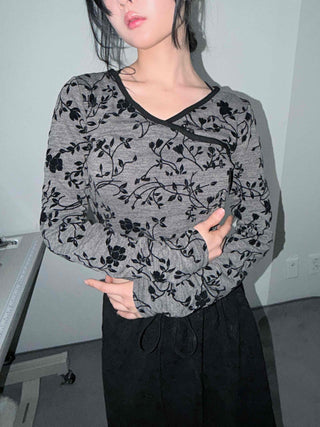 Oriental Floral Wrap Crop Long Sleeve T-shirt