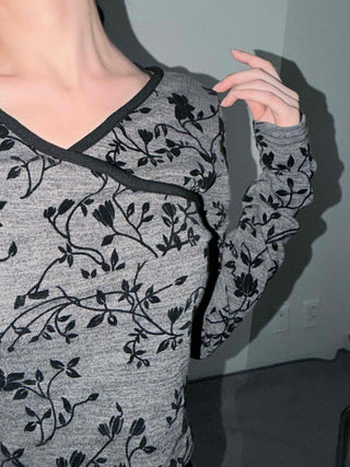 Oriental Floral Wrap Crop Long Sleeve T-shirt