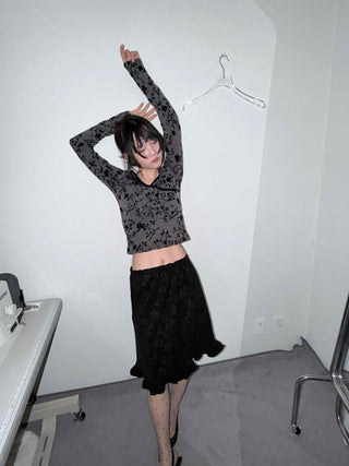 Oriental Floral Wrap Crop Long Sleeve T-shirt