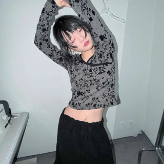 Oriental Floral Wrap Crop Long Sleeve T-shirt