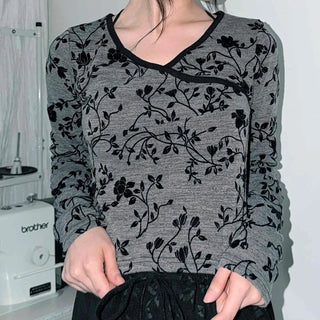 Oriental Floral Wrap Crop Long Sleeve T-shirt