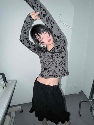 Oriental Floral Wrap Crop Long Sleeve T-shirt