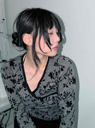 Oriental Floral Wrap Crop Long Sleeve T-shirt