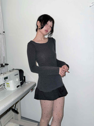Side Slit Round Neck Balanced Fit Ribbed Long Sleeve T-shirt