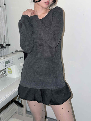 Side Slit Round Neck Balanced Fit Ribbed Long Sleeve T-shirt