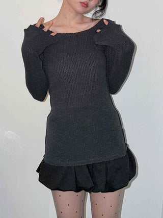 Side Slit Round Neck Balanced Fit Ribbed Long Sleeve T-shirt