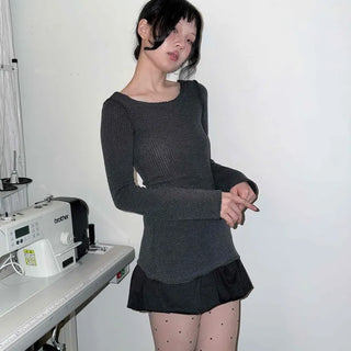 Side Slit Round Neck Balanced Fit Ribbed Long Sleeve T-shirt
