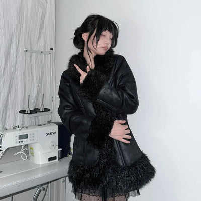 Vintage Fur Color Block Belted Long Jacket