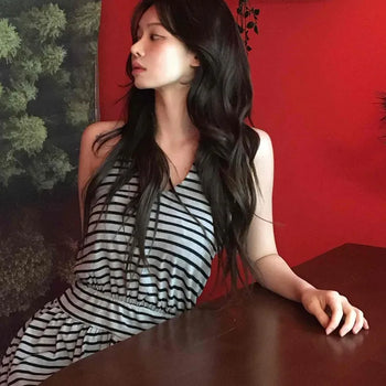 Striped V-Neck Shirred Sleeveless T-Shirt