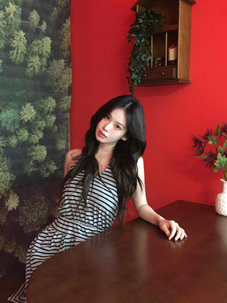 Striped V-Neck Shirred Sleeveless T-Shirt