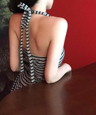 Striped V-Neck Shirred Sleeveless T-Shirt
