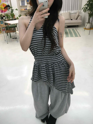 Striped V-Neck Shirred Sleeveless T-Shirt