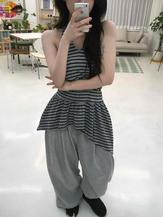 Striped V-Neck Shirred Sleeveless T-Shirt