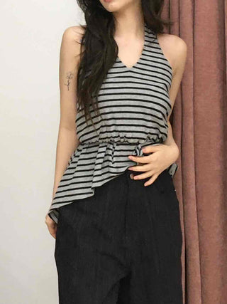 Striped V-Neck Shirred Sleeveless T-Shirt