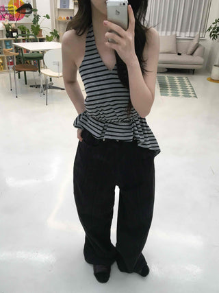 Striped V-Neck Shirred Sleeveless T-Shirt