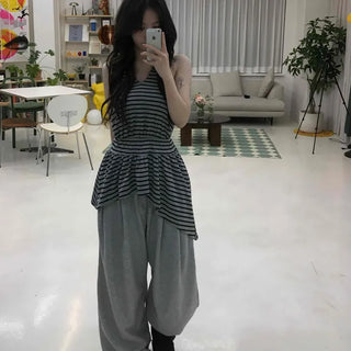 Striped V-Neck Shirred Sleeveless T-Shirt