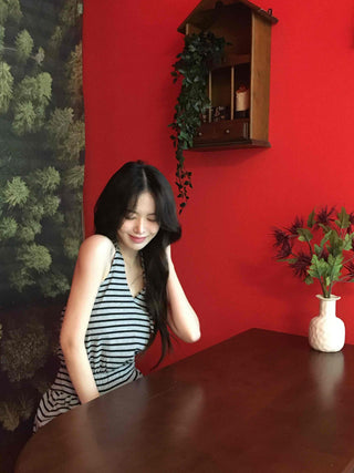 Striped V-Neck Shirred Sleeveless T-Shirt